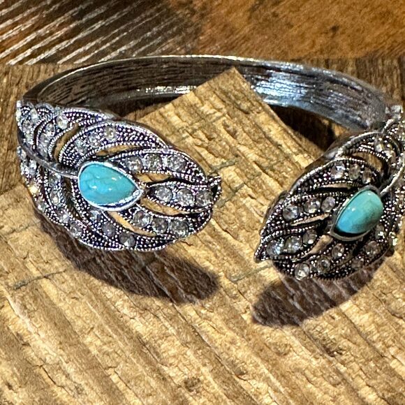 Boho Vintage Southwestern Cowgirl Crystal CZ Cuff Bracelet, Turquoise Stone, XL - Picture 6 of 8